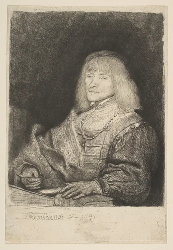 Man at Desk, Wearing Cross and Chain by Rembrandt van Rijn, print, 1641