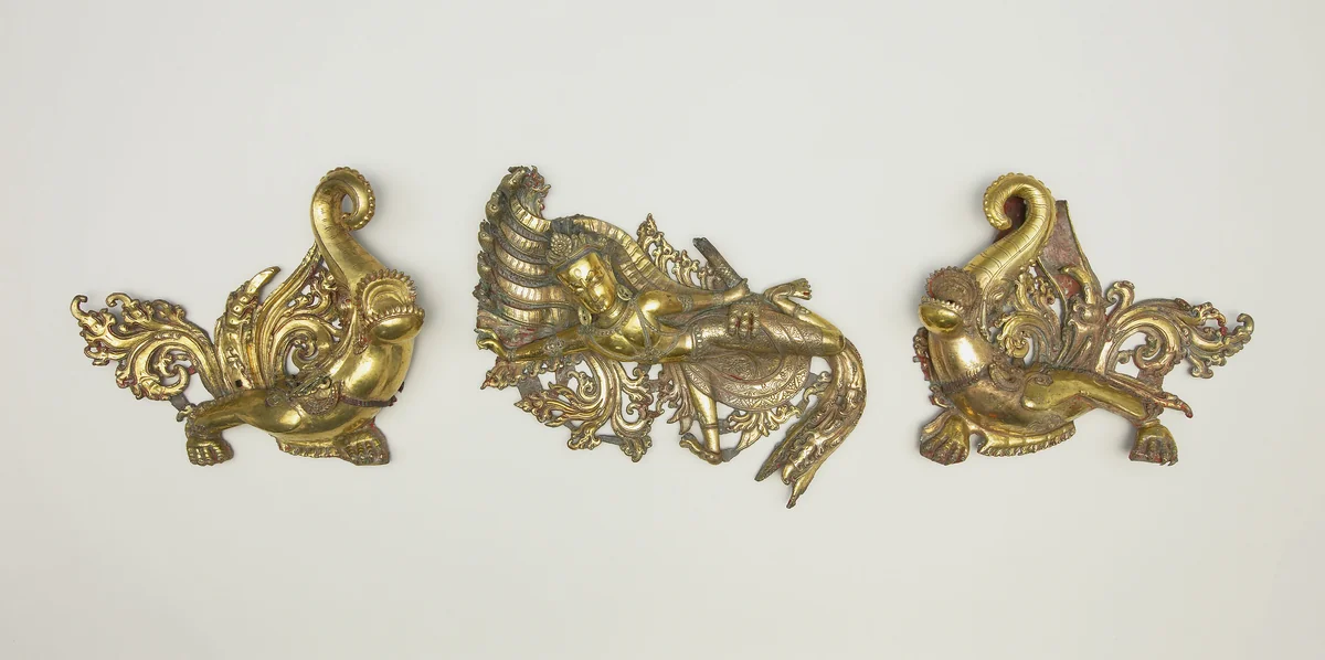 Set of Three Shrine Ornaments with Two Crocodiles (Makara) and a Serpent King (Nagaraja) by Nepal, metalwork, 1501-1700