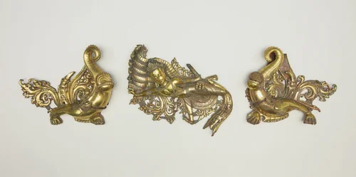 Set of Three Shrine Ornaments with Two Crocodiles (Makara) and a Serpent King (Nagaraja) by Nepal, metalwork, 1501-1700