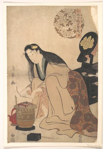 Lady Arranging Binsashi (Support for the Hair over the Temples) to put in Her Hair by Torii Kiyomine, print, 1798-1818