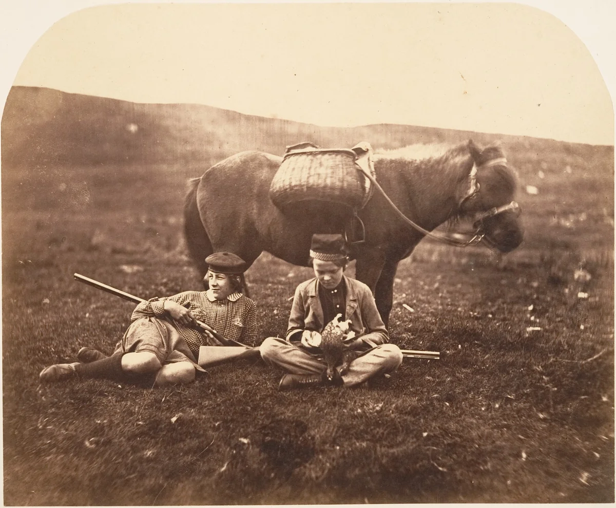 [Charlie and Peel Ross with Horse after a Hunt] by Horatio Ross, photograph, 1856-1859