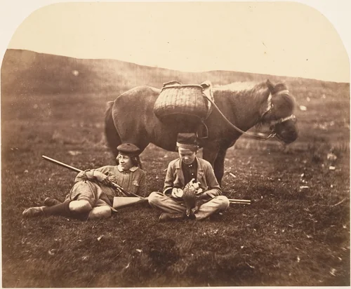 [Charlie and Peel Ross with Horse after a Hunt] by Horatio Ross, photograph, 1856-1859