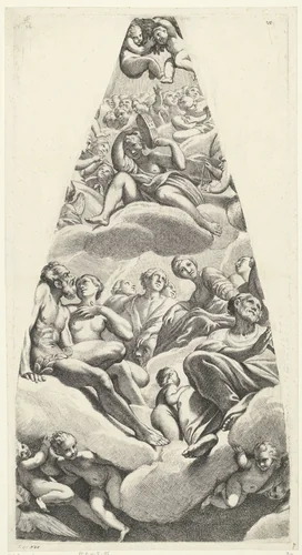 Adam en Eva met heiligen gezeten op een wolk by Carlo Cesio, print, 1680