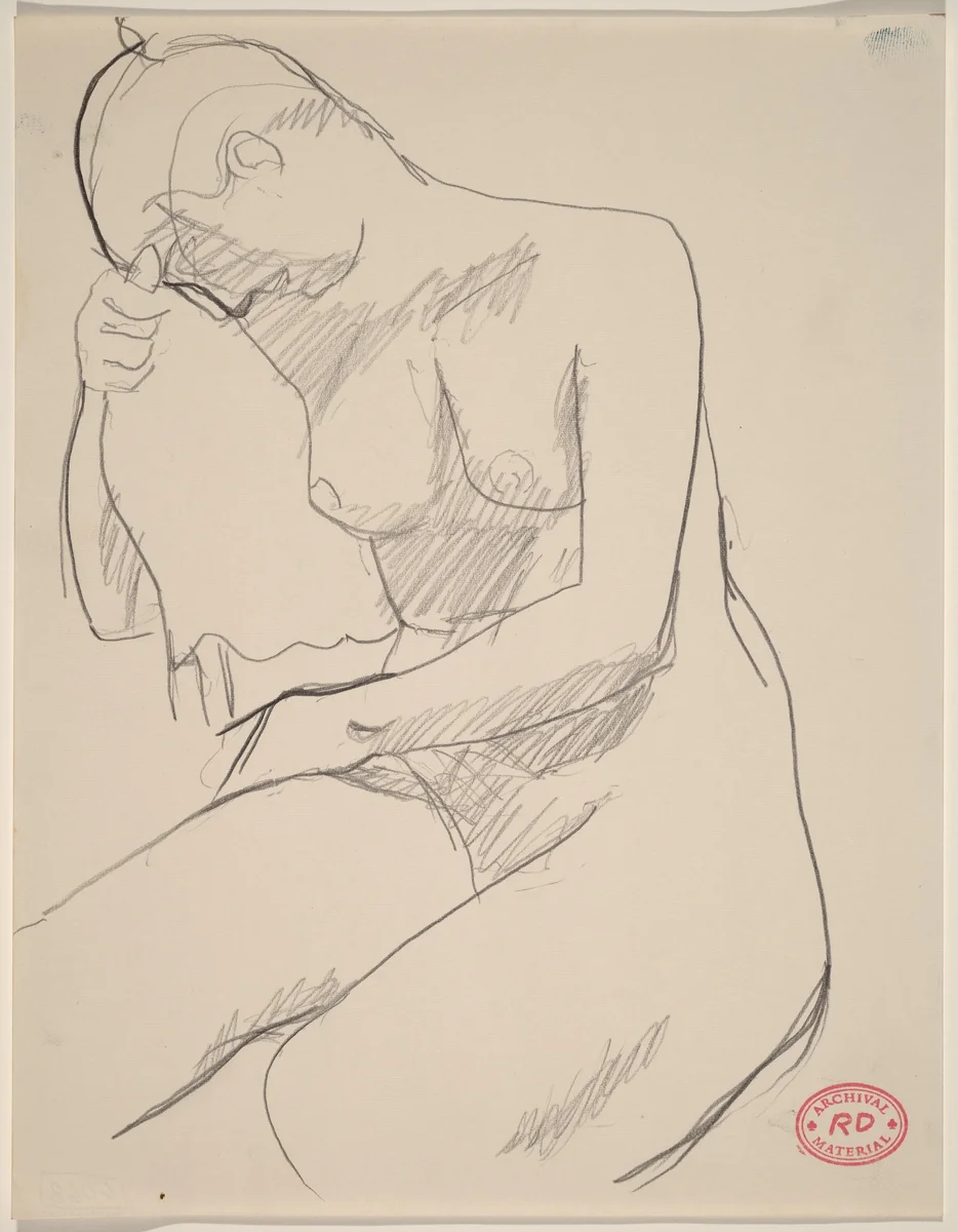 Untitled [nude seated resting her head and arm on chair back] by Richard Diebenkorn, drawing, 1955-1967