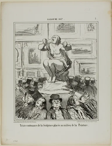 The Displeasure of a Sculpture Placed in the Middle of an Exhibition of Paintings, plate 5 from Salon De 1857 by Honoré-Victorin Daumier, print, 1857