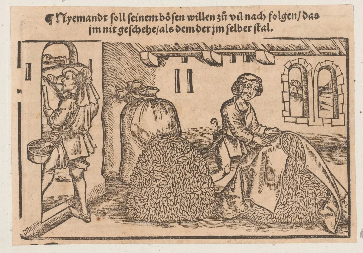 Twee mannen in een graanschuur by anonymous, print, 1539
