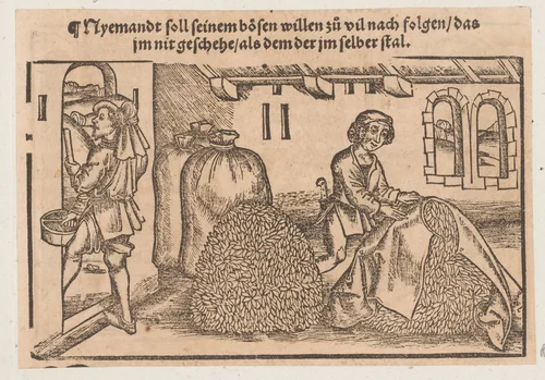 Twee mannen in een graanschuur by anonymous, print, 1539