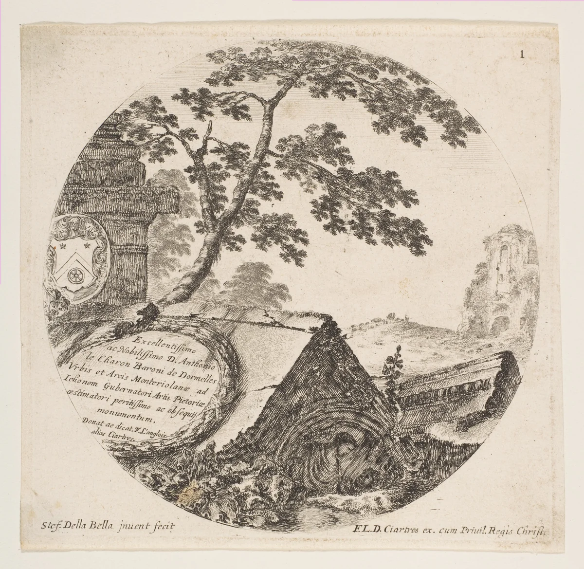 Fragments from ancient monuments, plate 1 from "Roman landscapes and ruins" (Paysages et ruines de Rome) by Stefano della Bella, print, 1641-1651