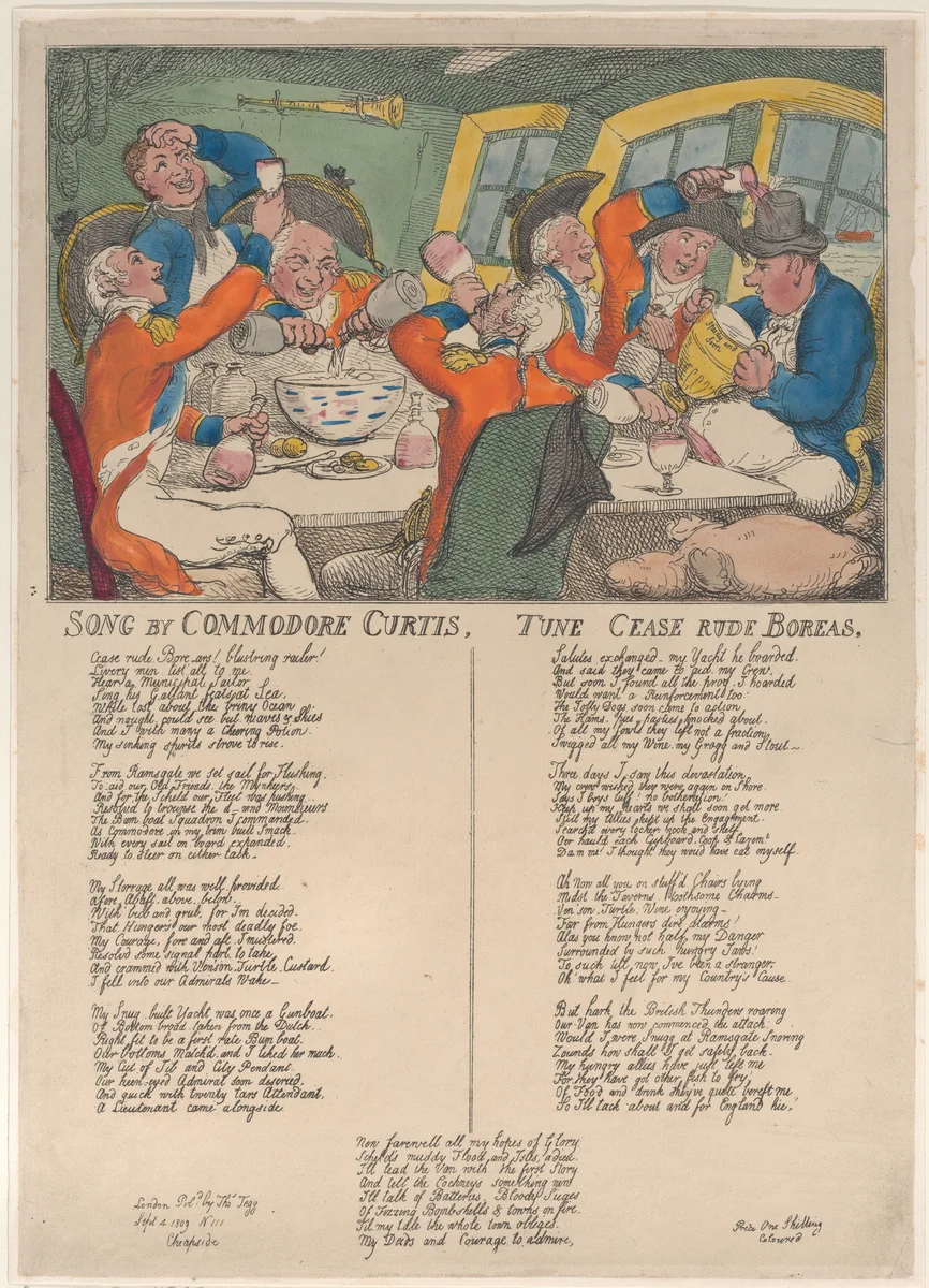 Song by Commodore Curtis. Tune Cease Rude Boreas. by Thomas Rowlandson, print, 1809