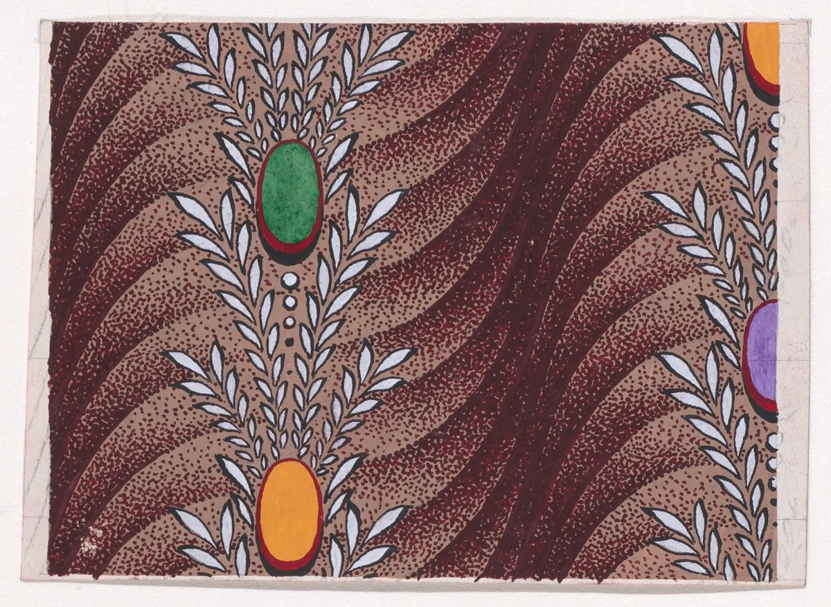 Textile Design with Vertical Garlands of Stylized Leaves, Pearls and Ovals over a Background of Overlapping Scales by anonymous, drawing, 1840