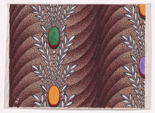 Textile Design with Vertical Garlands of Stylized Leaves, Pearls and Ovals over a Background of Overlapping Scales by anonymous, drawing, 1840
