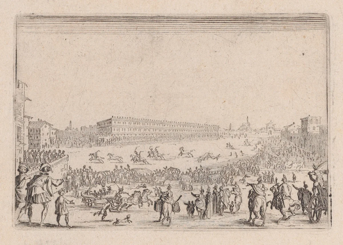 La Course de Chevaux sur la Place Pitti a Florence (The Horse Race on the Piazza Pitti in Florence), from "Les Caprices" Series B, The Nancy Set by Jacques Callot, print, 1617-1620