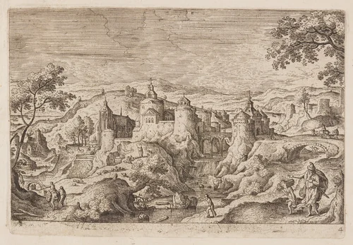 Plate 4, from Landscapes with Scenes from the Old and New Testament and Ovid’s Metamorphoses by Hans Bol, print, 1574