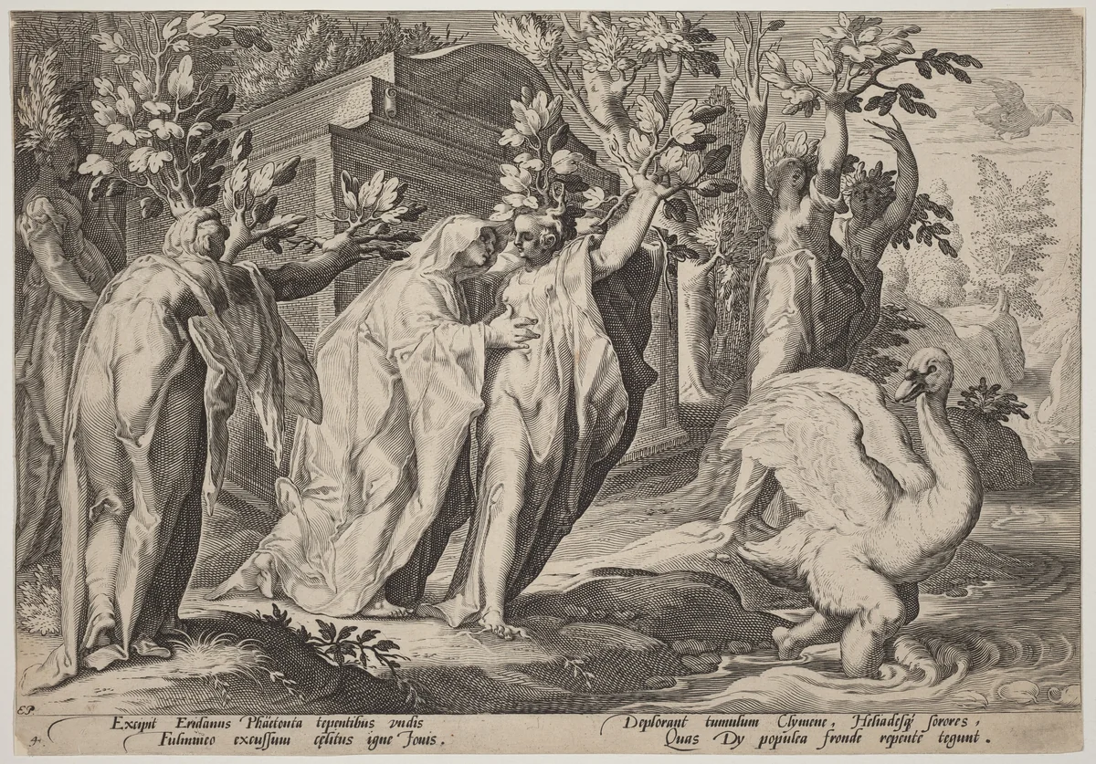 Phaeton's Sisters Changed into Poplars, and Cygnus into a Swan by Hendrick Goltzius, print, 1595-1605