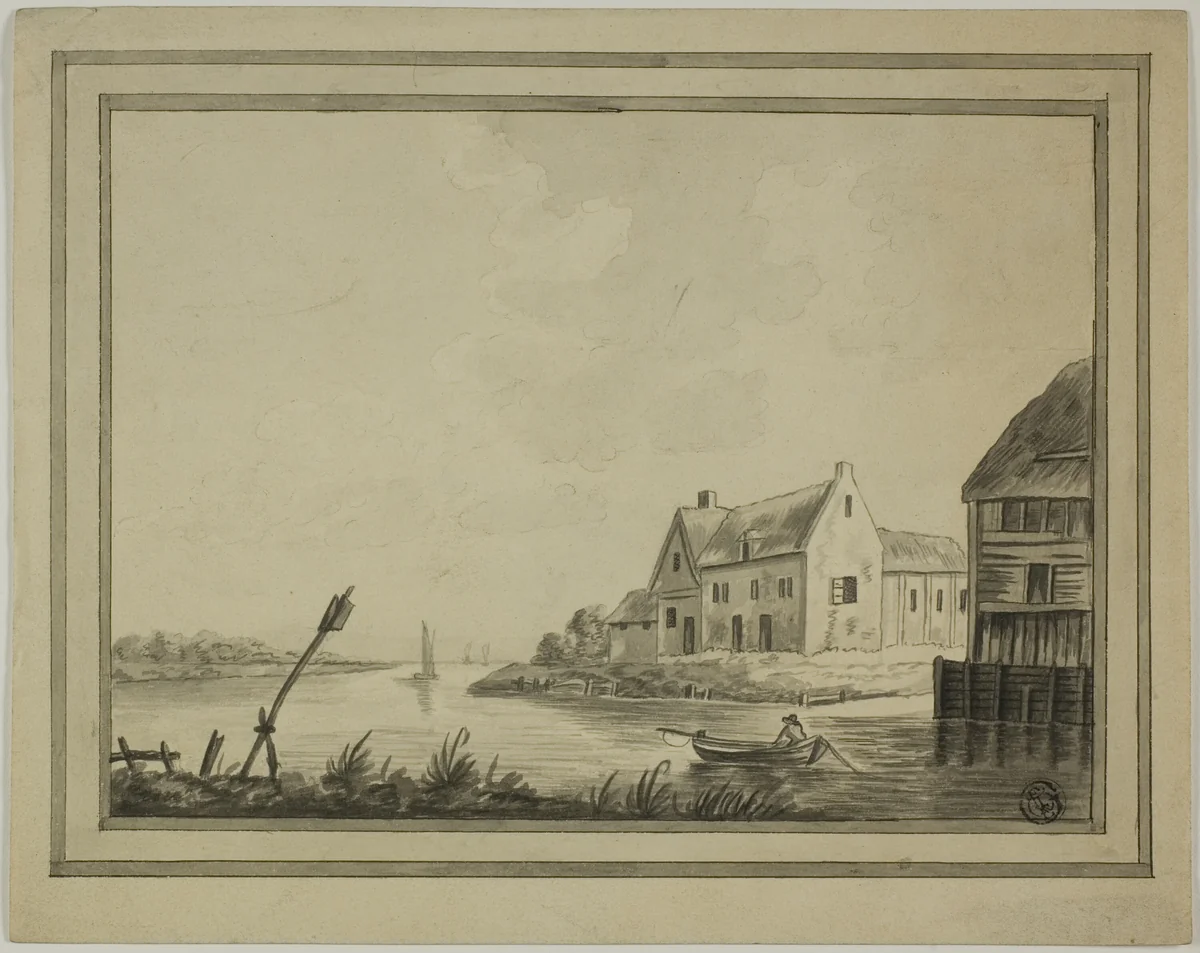 Houses on River or Canal by Unknown Artist, drawing, 1700-1799