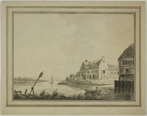 Houses on River or Canal by Unknown Artist, drawing, 1700-1799