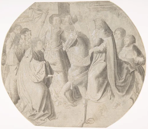 Mordecai rides through the Streets in the Apparel the King has sent him. by Pseudo-Aert Ortkens, drawing, 1500-1540