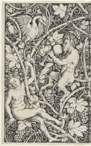Wallpaper with Satyr Family by Sebald Beham, print, 1515