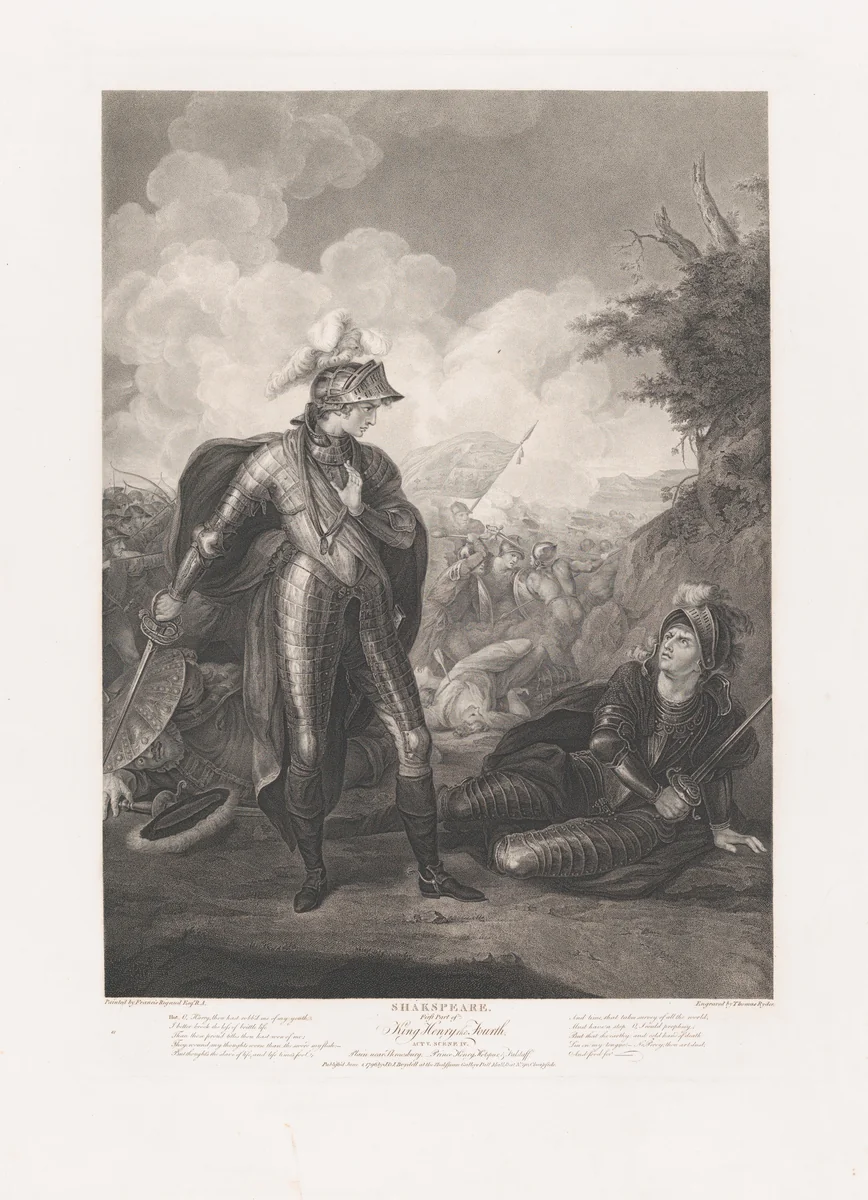 Prince Henry, Hotspur and Falstaff (Shakespeare, King Henry IV, Part 1, Act 5, Scene 4) by Thomas Ryder, print, 1796