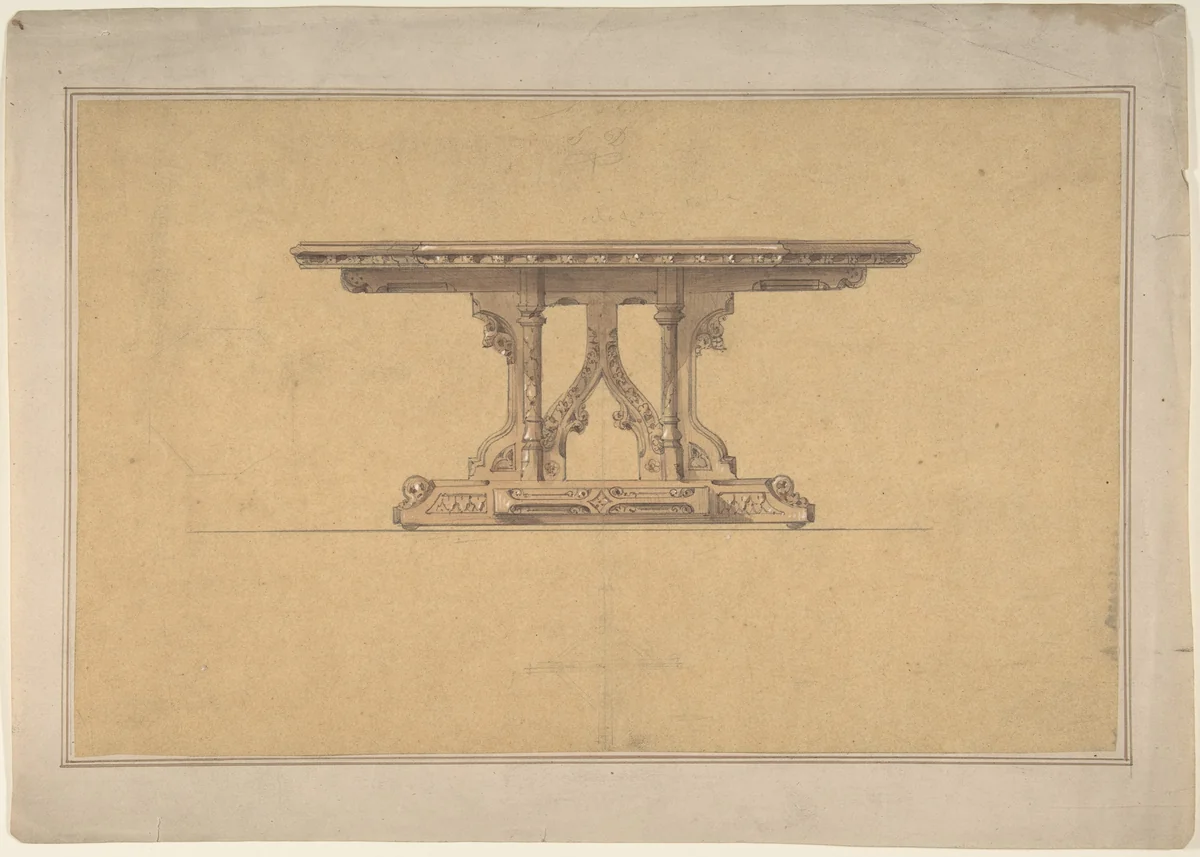 Design for a Gothic Style Table by anonymous, drawing, 1800-1900