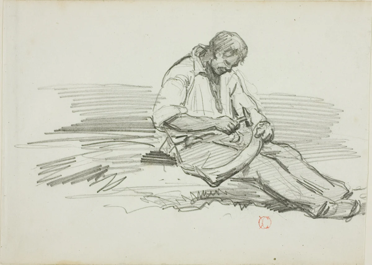 Man Mending Scythe by Charles-François Daubigny, drawing, 1857-1867