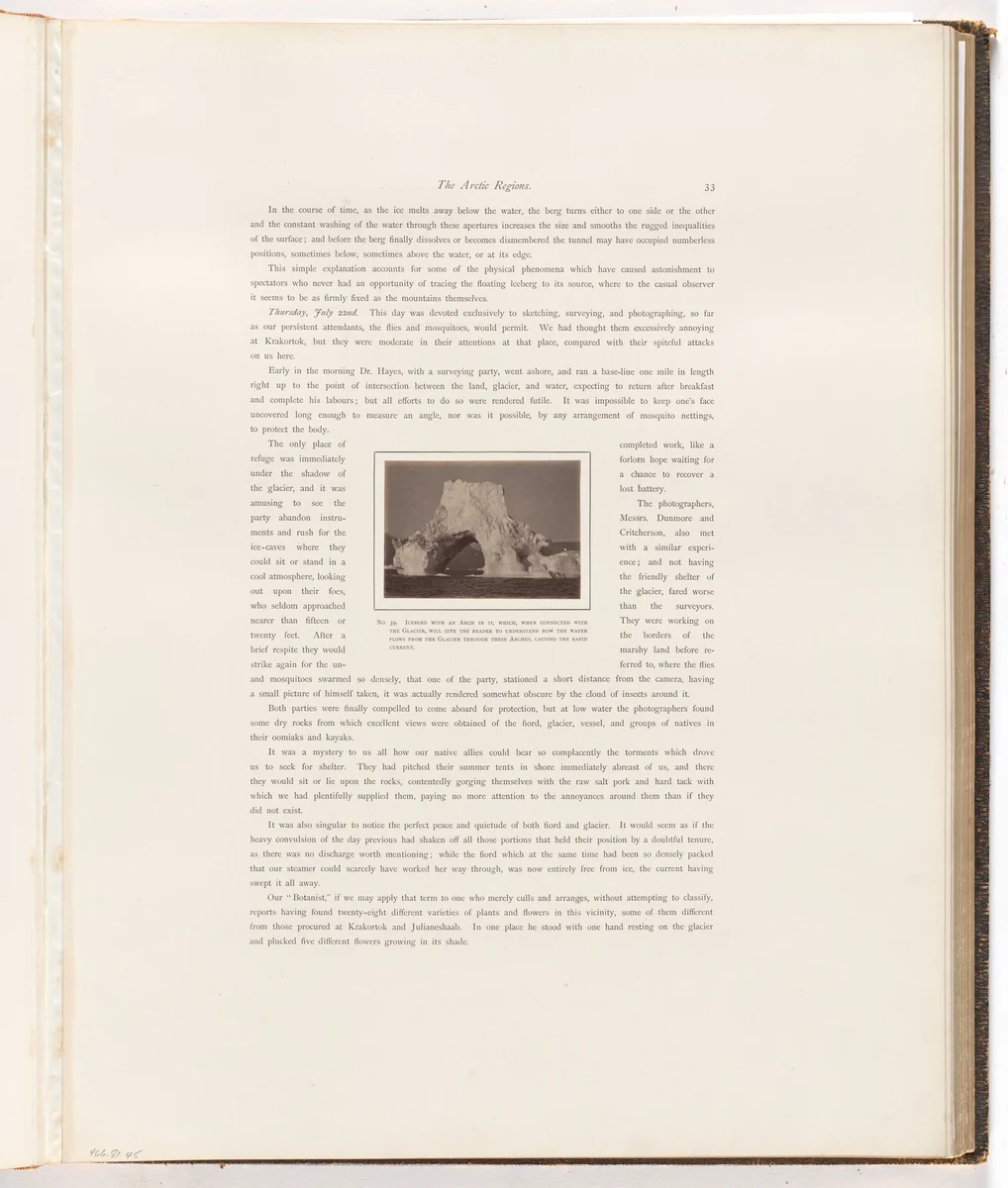 "Iceberg with an arch in it, which, when connected with the Glacier, will give the reader to understand how the water flows from the Glacier through these arches, causing the rapid current." by George P. Critcherson, John L. Dunmore, William Bradford, photograph, 1869