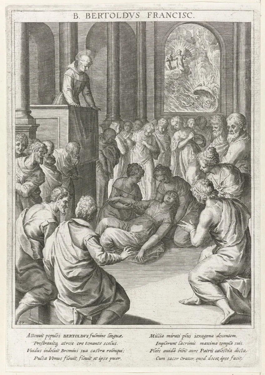 Heilige Bertholdus van Regensburg wekt met een preek een vrouw terug tot leven by Raphaël Sadeler, print, 1615
