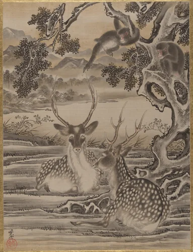 Deer and Monkeys by Kawanabe Kyōsai (河鍋暁斎), painting, 1877-1897