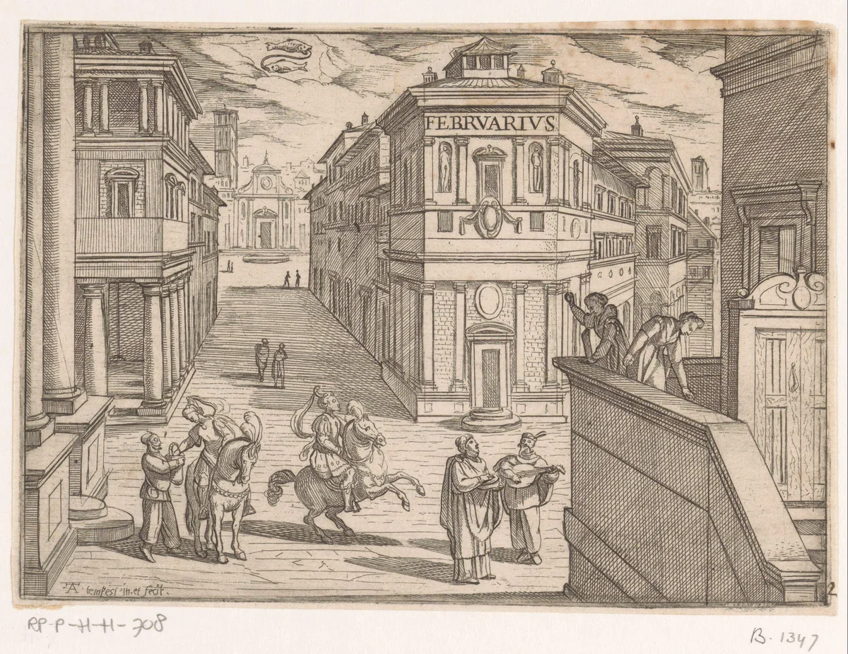 Februari: stadsgezicht met serenade (vissen) by Unknown, print, 1575-1613