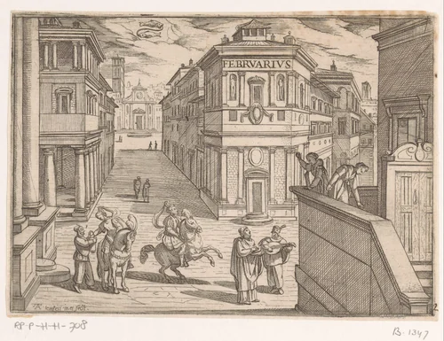Februari: stadsgezicht met serenade (vissen) by Unknown, print, 1575-1613
