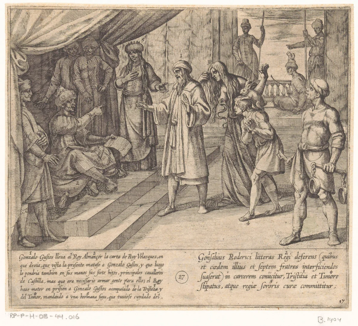 De Moorse koning leest de brief die de moord op Gonzalo Gustos en de gevangenneming van de zonen van Lara beveelt by Antonio Tempesta, print, 1612