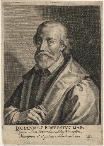 John Rogers, Prebendary of Saint Paul's, Protestant Martyr by Willem de Passe, print, 1620