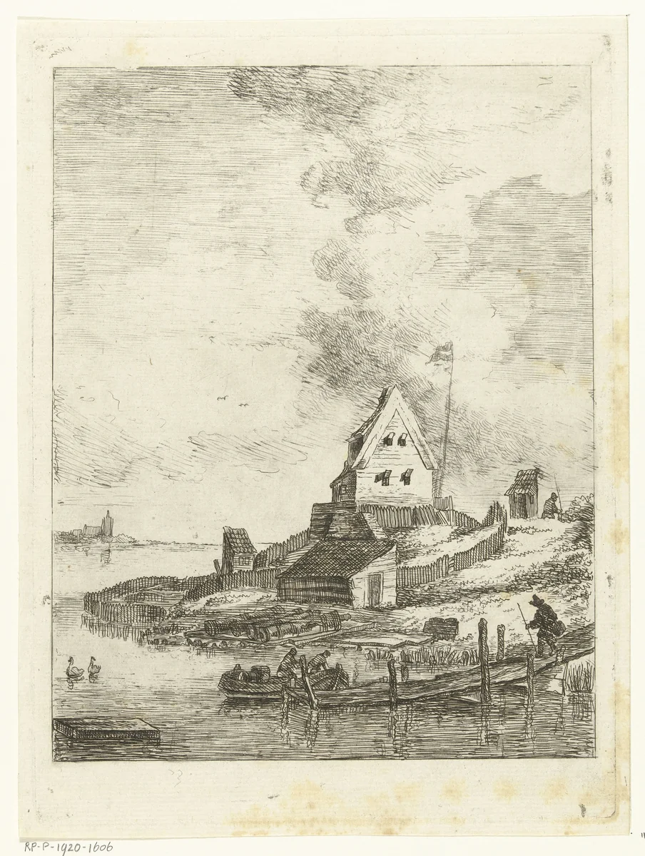 Landschap met huis en steiger aan rivier by Albertus Brondgeest, print, 1796-1849