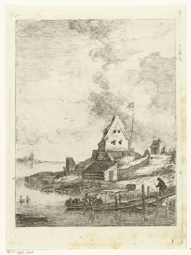 Landschap met huis en steiger aan rivier by Albertus Brondgeest, print, 1796-1849