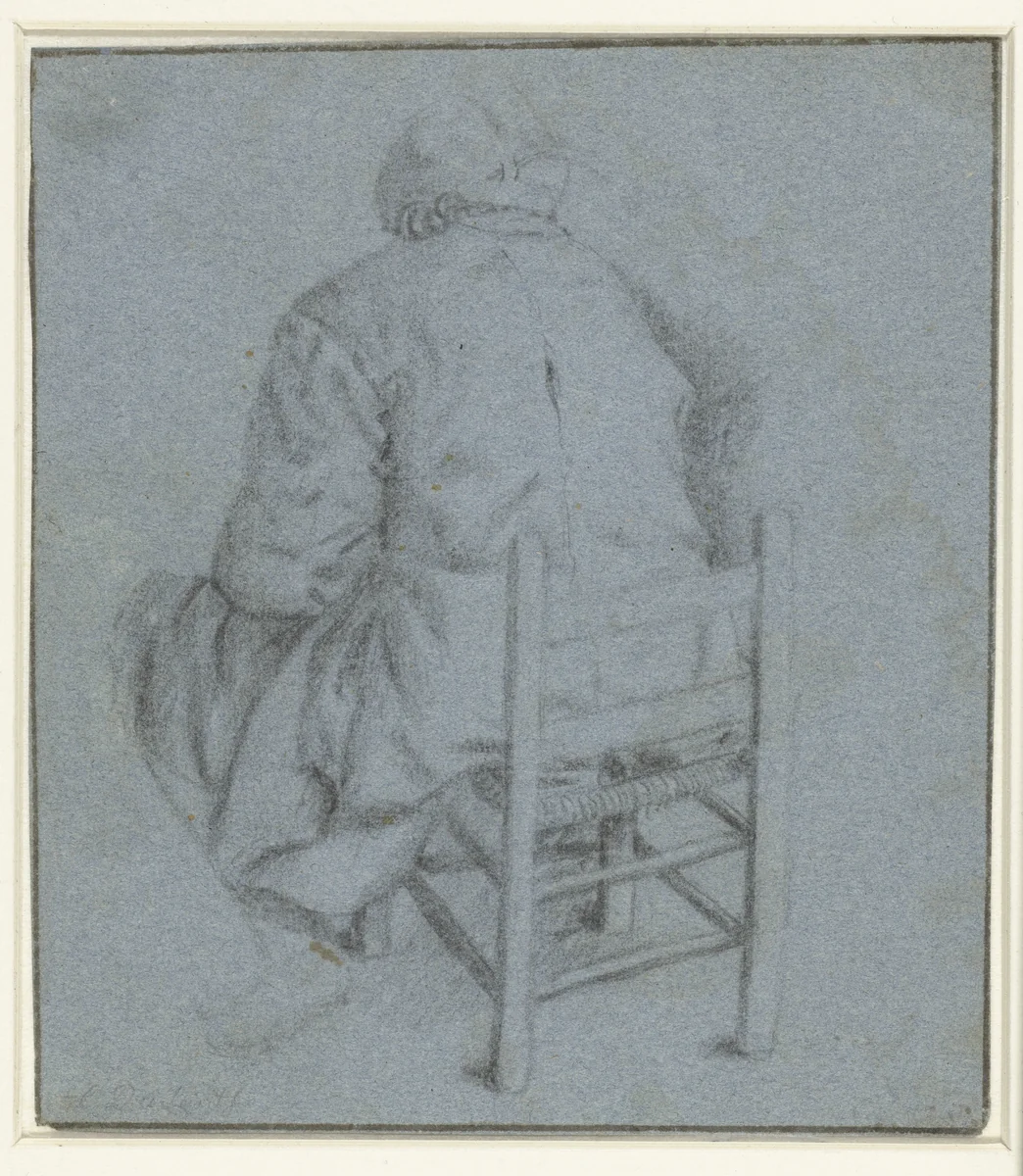 Figuur op laag stoeltje gezeten, op de rug gezien by Cornelis Dusart, drawing, 1670-1704