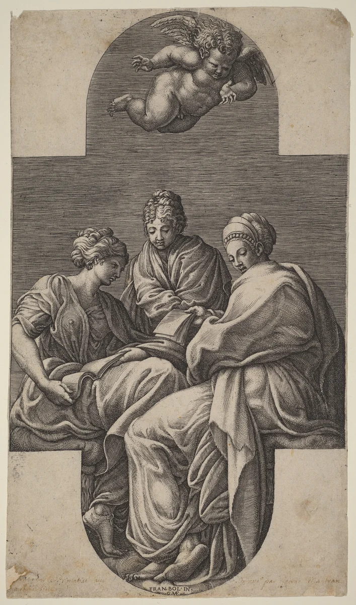 Three Muses and a Gesturing Putto by Giorgio Ghisi; Francesco Primaticcio, print, 1560-1570