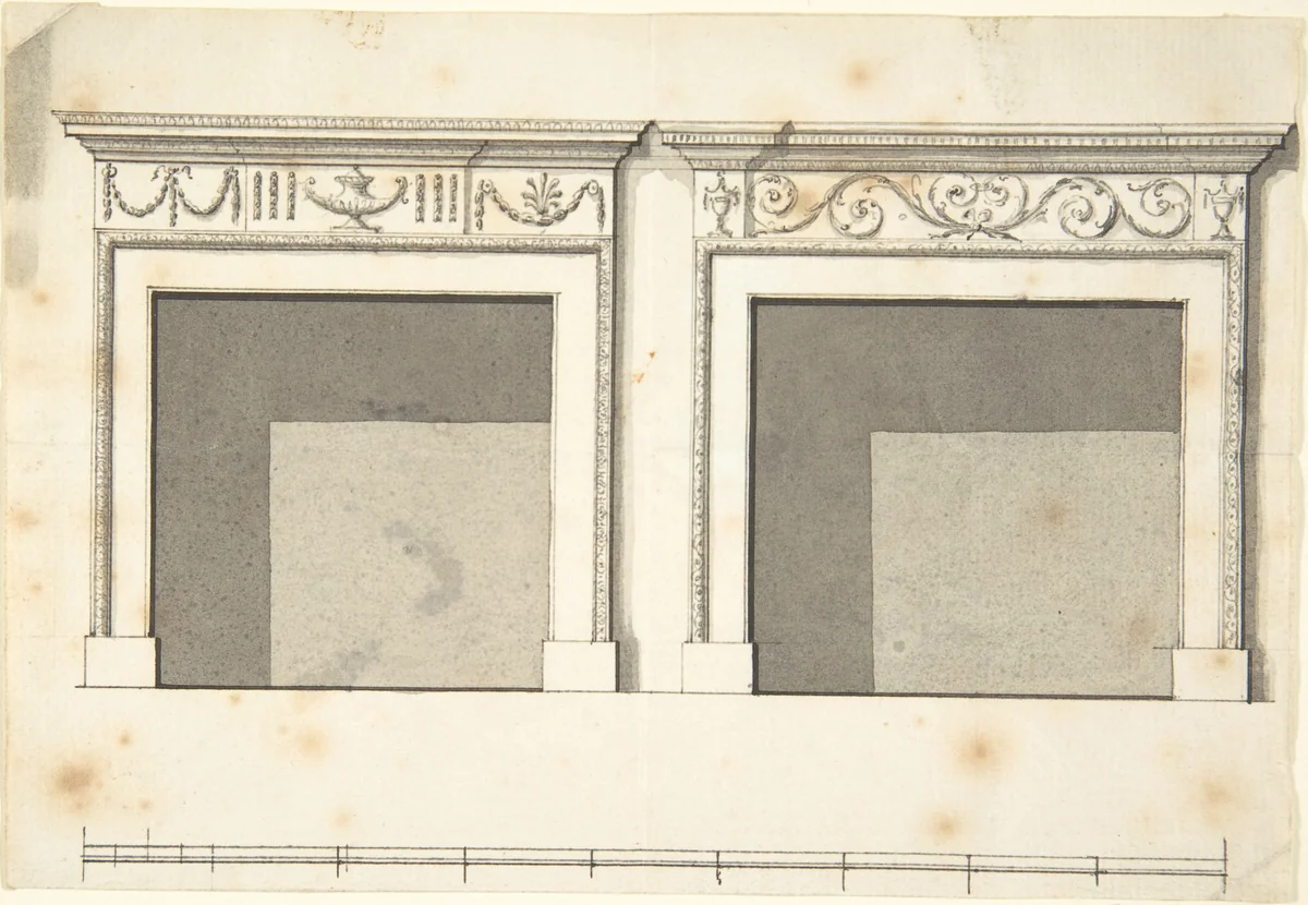 Two Designs for Mantels in the Adam Style by anonymous, drawing, 1700-1800
