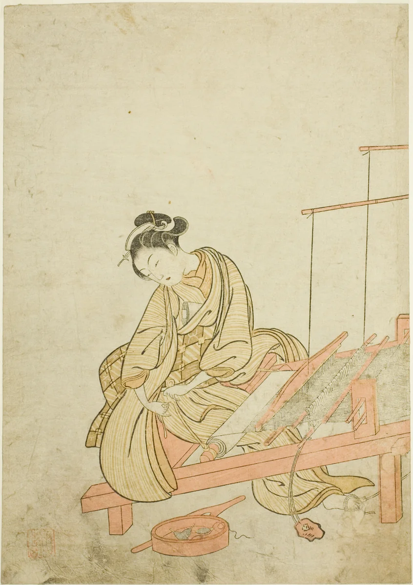 Young Woman at a Loom by Suzuki Harunobu (鈴木春信), print, 1765