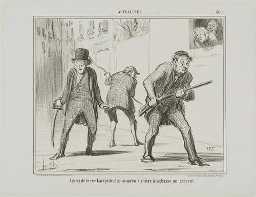 View of rue Lacépède during the hunt for a serpent, plate 500 from Actualités by Honoré-Victorin Daumier, print, 1858