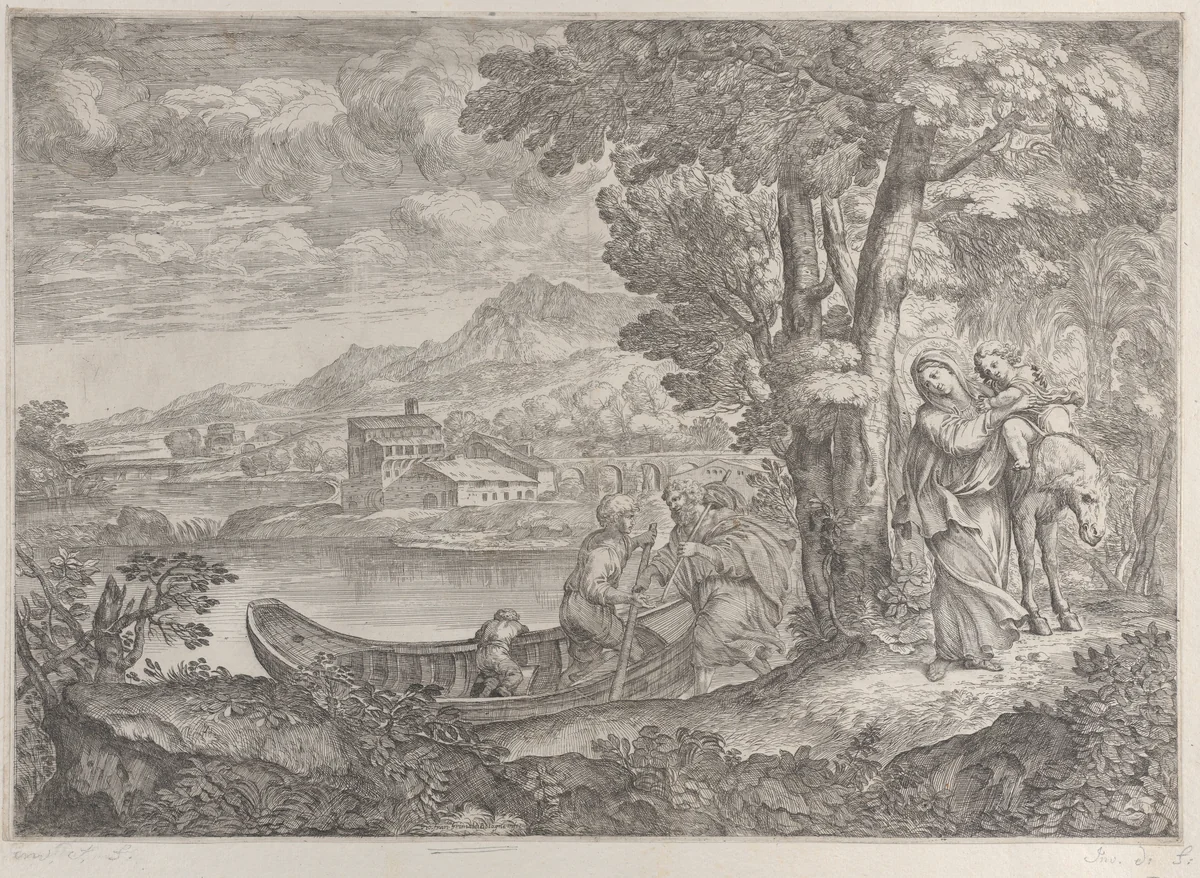 Landscape with the flight into Egypt by Giovanni Francesco Grimaldi, print, 1626-1680