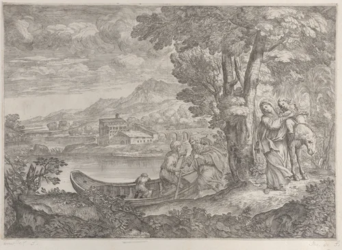 Landscape with the flight into Egypt by Giovanni Francesco Grimaldi, print, 1626-1680