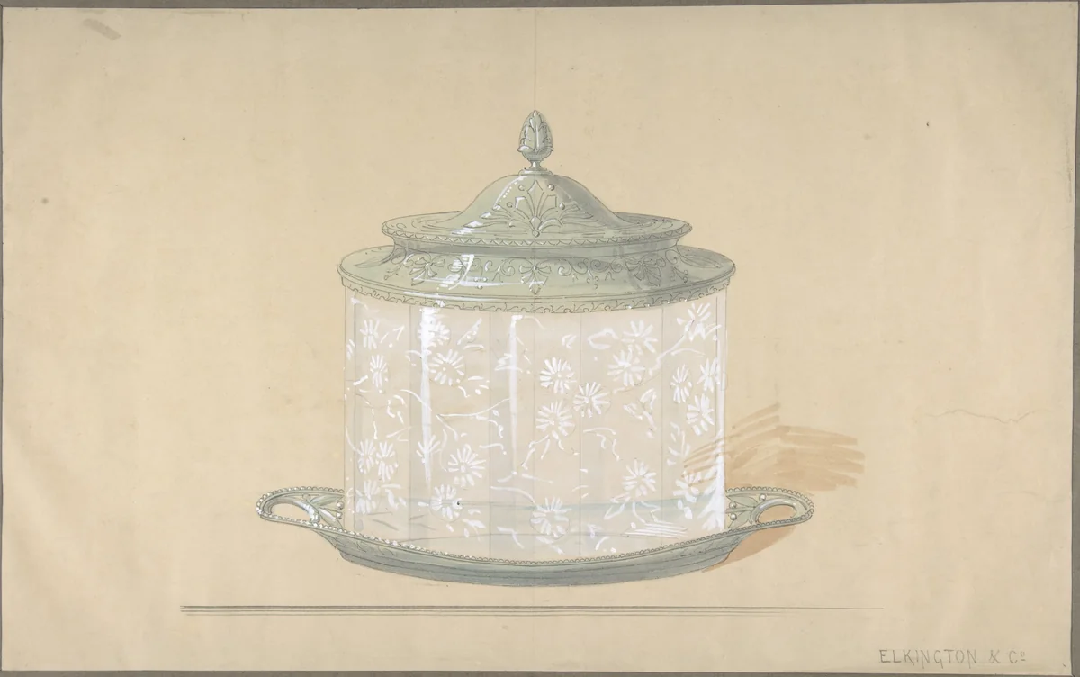 Design for a Crystal Jar with a Silver-Plated Base and Cover by Elkington & Co., drawing, 1890-1910