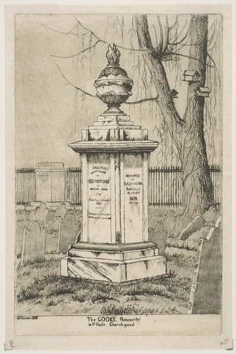The Cooke Monument in St. Paul's Churchyard, from "Scenes of Old New York" by Henry Farrer, print, 1876