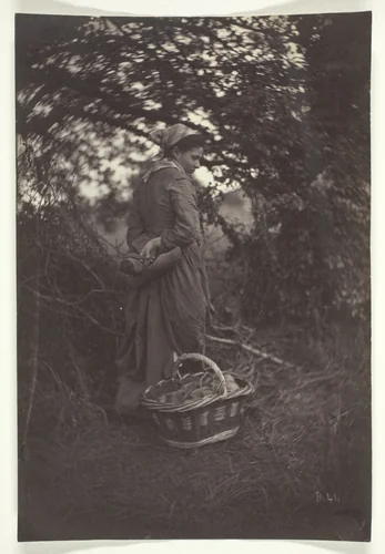 Woman Standing with Basket on Ground by Giraudon, photograph, 1870