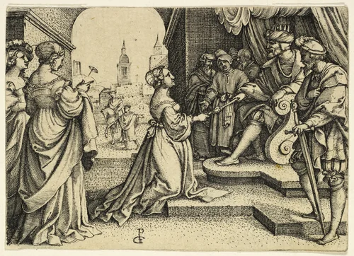 Esther before Ahasuerus by Georg Pencz, print, 1500-1525