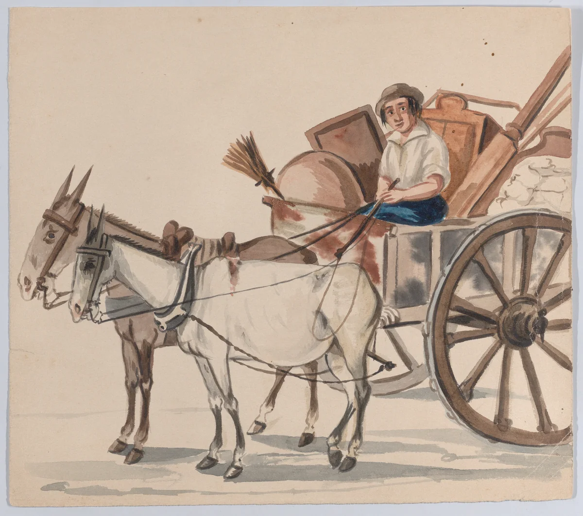 A man driving a cart pulled by mules, from a group of drawings depicting Peruvian dress by Francisco Fierro, drawing, 1843-1853