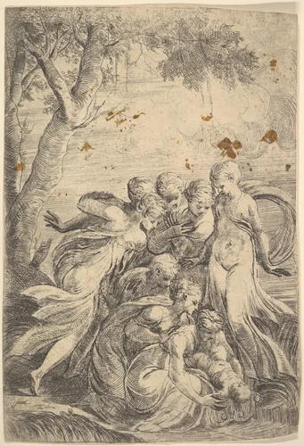 The infant Moses rescued from the Nile by Andrea Schiavone, print, 1520-1570