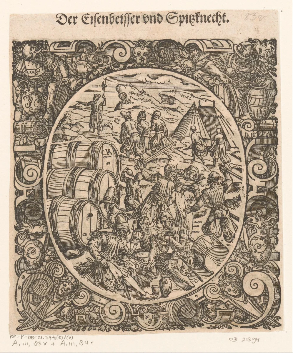 Kaartspelende en vechtende soldaten by Unknown, print, 1573