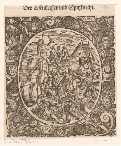 Kaartspelende en vechtende soldaten by Unknown, print, 1573