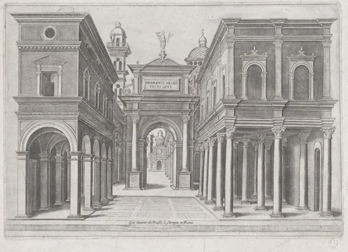 A street with buildings and arcades by anonymous, print, 1660-1680